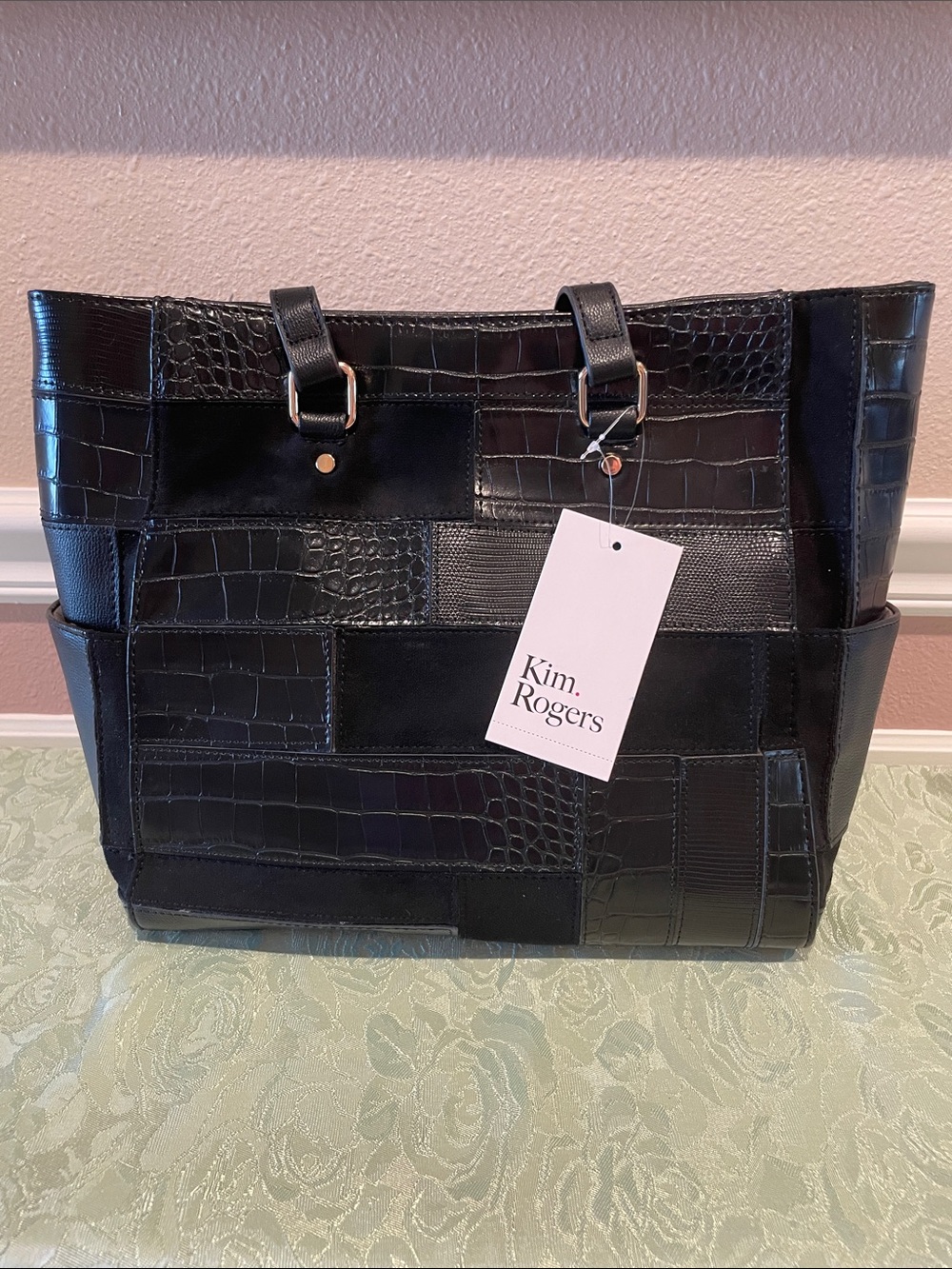 Kim Rogers Black Patchwork Tote with Gold Hardware